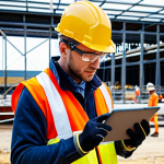 **A construction site scene:** A CHST (Construction Health and Safety Technician) is actively engaged on a busy construction site. Focus on the CHST using a tablet during a site inspection, identifying potential hazards related to scaffolding with diverse construction workers in the background, all wearing appropriate PPE (Personal Protective Equipment). The lighting should be bright and realistic.