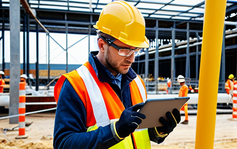 **A construction site scene:** A CHST (Construction Health and Safety Technician) is actively engaged on a busy construction site. Focus on the CHST using a tablet during a site inspection, identifying potential hazards related to scaffolding with diverse construction workers in the background, all wearing appropriate PPE (Personal Protective Equipment). The lighting should be bright and realistic.