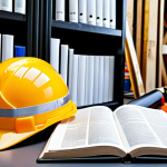 **

A well-organized bookshelf featuring the "OSHA Compliance Handbook" prominently displayed alongside other safety regulation books, a magnifying glass resting on the open pages of the handbook, highlighting detailed text. The background depicts a busy construction site with workers wearing hard hats and safety vests. The overall tone is informative and authoritative.

**