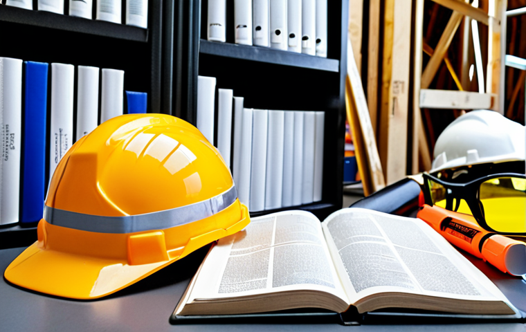 **
A well-organized bookshelf featuring the "OSHA Compliance Handbook" prominently displayed alongside other safety regulation books, a magnifying glass resting on the open pages of the handbook, highlighting detailed text. The background depicts a busy construction site with workers wearing hard hats and safety vests. The overall tone is informative and authoritative.
**