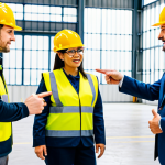 A diverse group of professional workers and managers, fully clothed in appropriate work attire and professional dress, actively participating in a safety demonstration on a bright, modern factory floor. They are engaged in a collaborative discussion, with some pointing to a clear safety display or industrial equipment, demonstrating shared responsibility and open communication. The scene is well-lit, conveying a sense of empowerment and proactive engagement. The image should feature perfect anatomy, correct proportions, natural poses, well-formed hands, and proper finger count, ensuring natural body proportions. This is safe for work, appropriate content, and family-friendly.