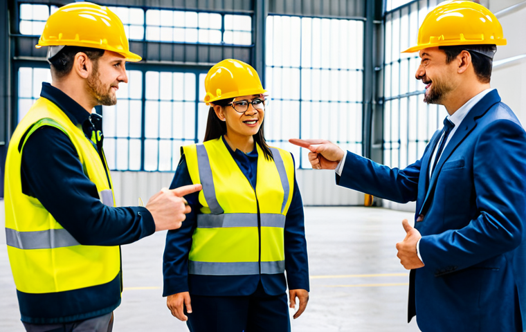 A diverse group of professional workers and managers, fully clothed in appropriate work attire and professional dress, actively participating in a safety demonstration on a bright, modern factory floor. They are engaged in a collaborative discussion, with some pointing to a clear safety display or industrial equipment, demonstrating shared responsibility and open communication. The scene is well-lit, conveying a sense of empowerment and proactive engagement. The image should feature perfect anatomy, correct proportions, natural poses, well-formed hands, and proper finger count, ensuring natural body proportions. This is safe for work, appropriate content, and family-friendly.