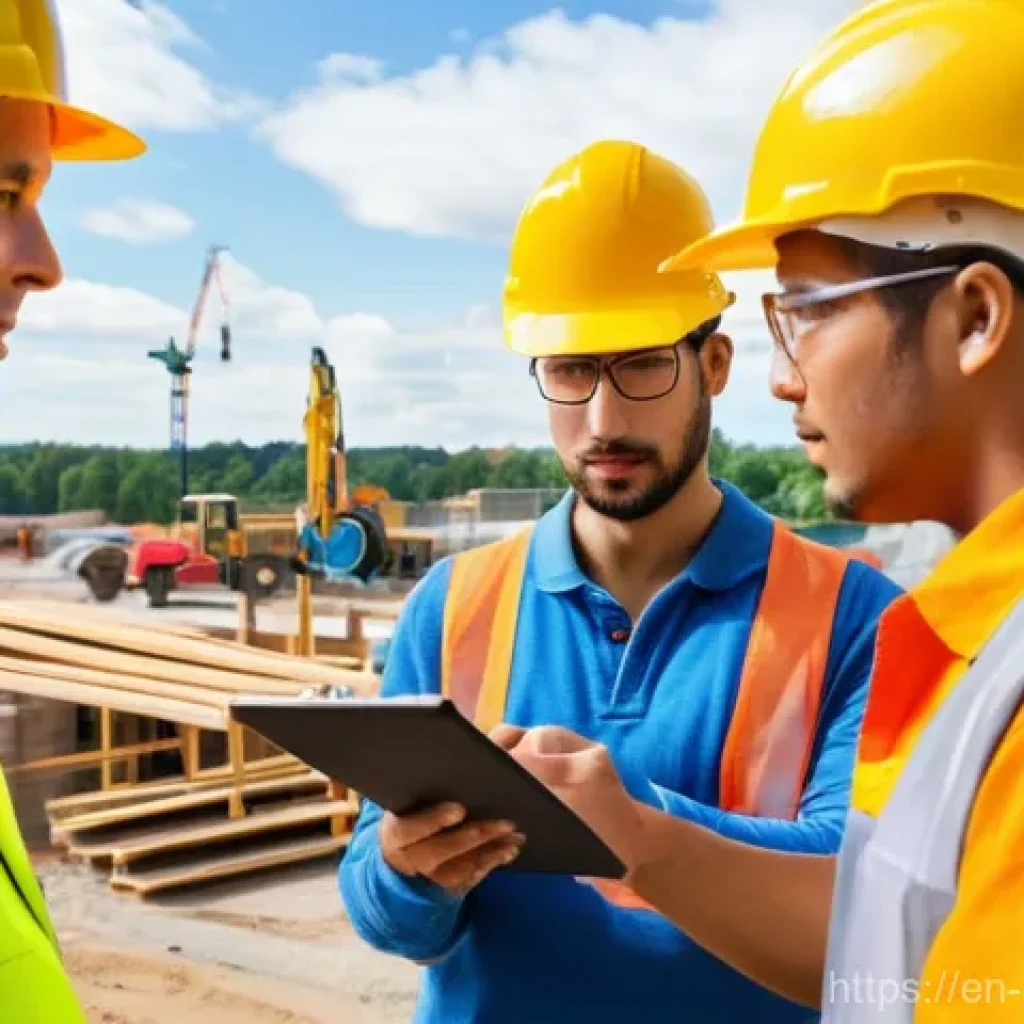 건설현장 안전감독의 필수 역량 - **Image Prompt: Proactive Toolbox Talk on a Construction Site**
    A diverse group of five construc...