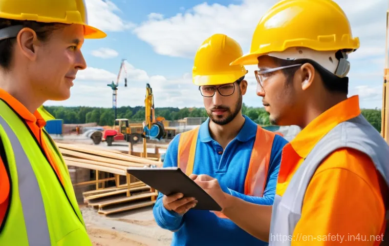 건설현장 안전감독의 필수 역량 - **Image Prompt: Proactive Toolbox Talk on a Construction Site**
A diverse group of five construc...