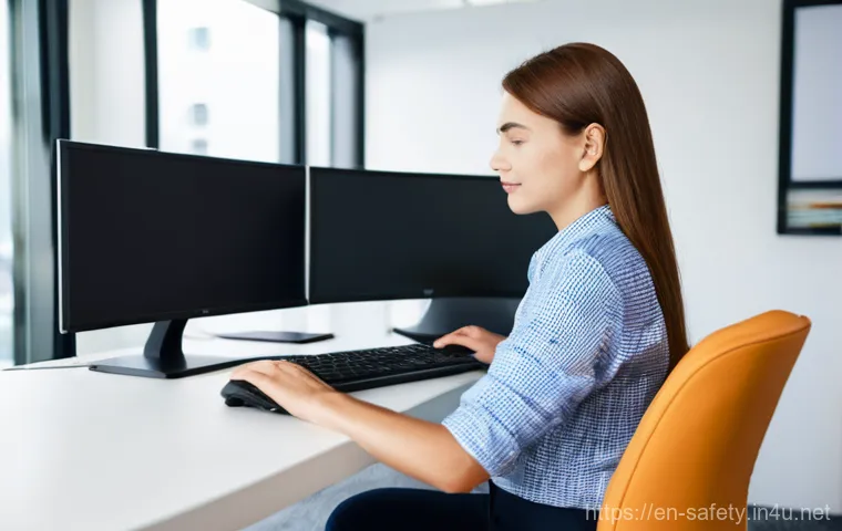 현장 실습생을 위한 안전관리 입문 - **Prompt 1: Ergonomic Workspace and Digital Well-being**
"A young, diverse intern (appearing aro...
