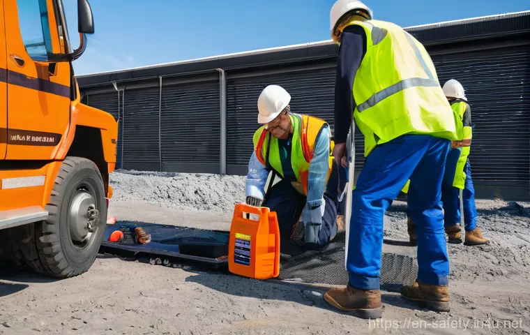 현장 근로자를 위한 안전 체크리스트 - **Image Prompt 1: Proactive Site Assessment and Hazard Identification**
    "A diverse team of three...