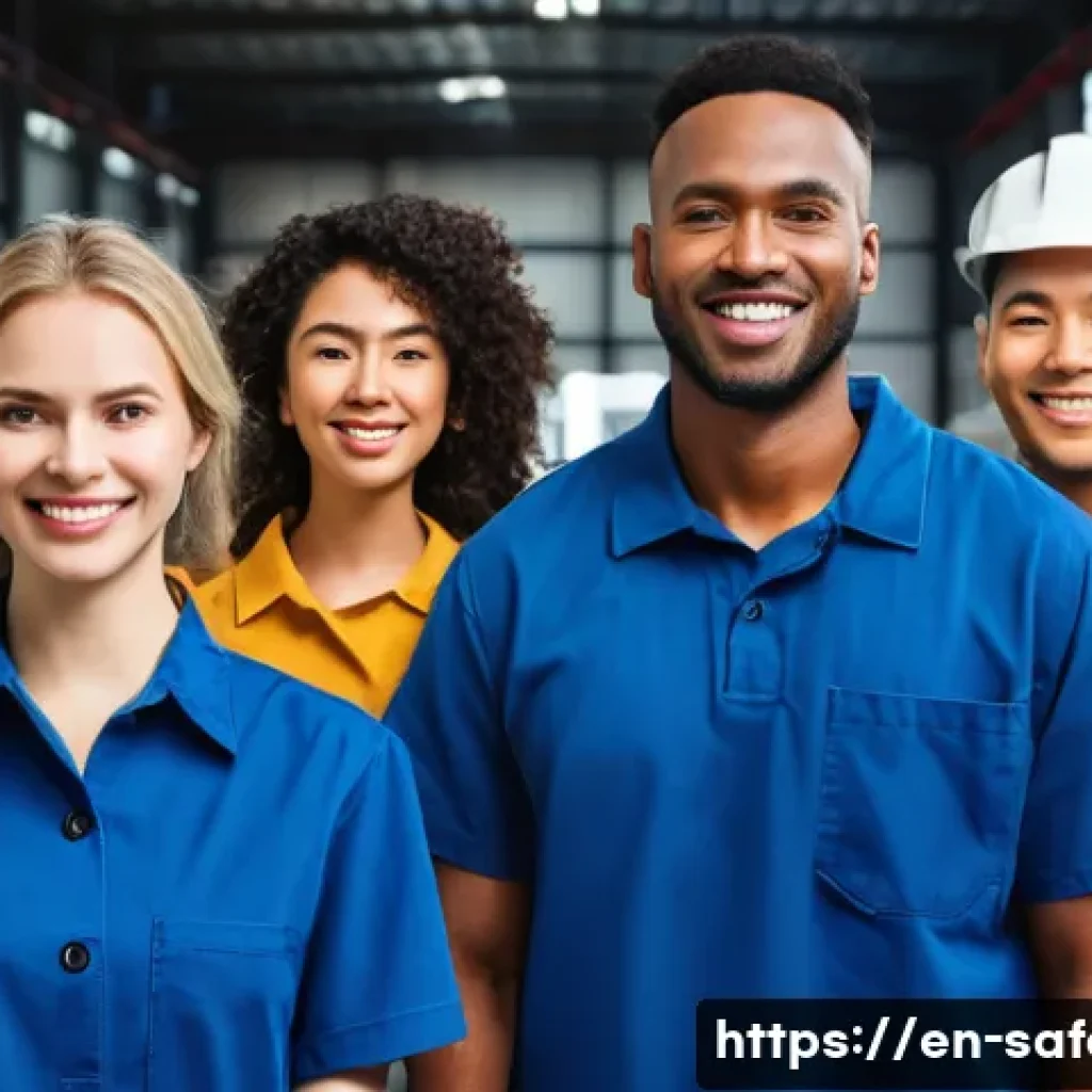 안전관리 업무에서의 실수 사례와 교훈 - **Prompt:** A diverse group of four adult factory workers, including men and women of various ethnic...