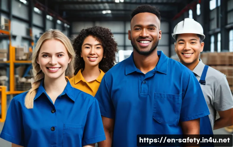 안전관리 업무에서의 실수 사례와 교훈 - **Prompt:** A diverse group of four adult factory workers, including men and women of various ethnic...