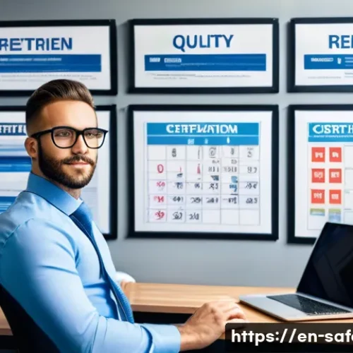안전관리 자격증 갱신 요건 - A modern professional office scene showing a focused safety certification specialist at a desk, surr...