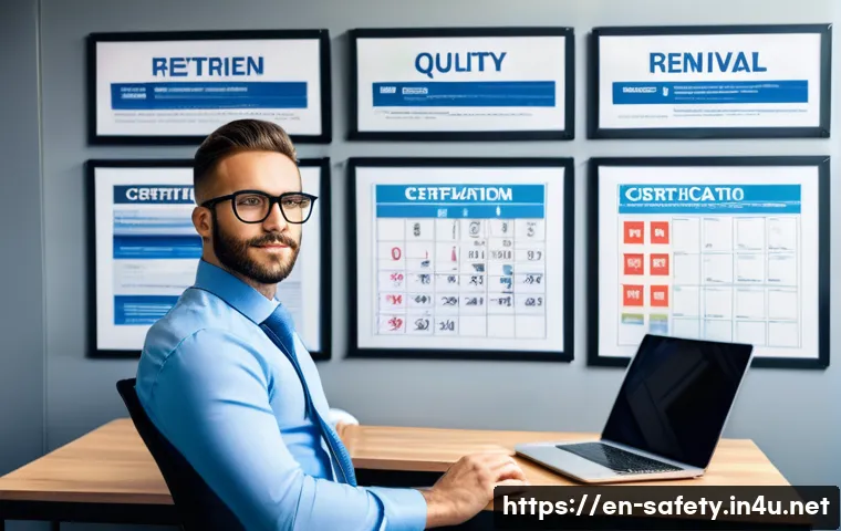 안전관리 자격증 갱신 요건 - A modern professional office scene showing a focused safety certification specialist at a desk, surr...