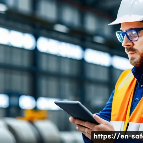 안전관리 연봉협상 전략 - A professional safety manager in a modern industrial setting, wearing a blue hard hat, safety vest, ...
