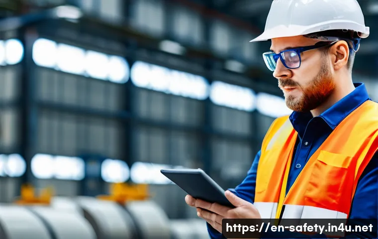 안전관리 연봉협상 전략 - A professional safety manager in a modern industrial setting, wearing a blue hard hat, safety vest, ...