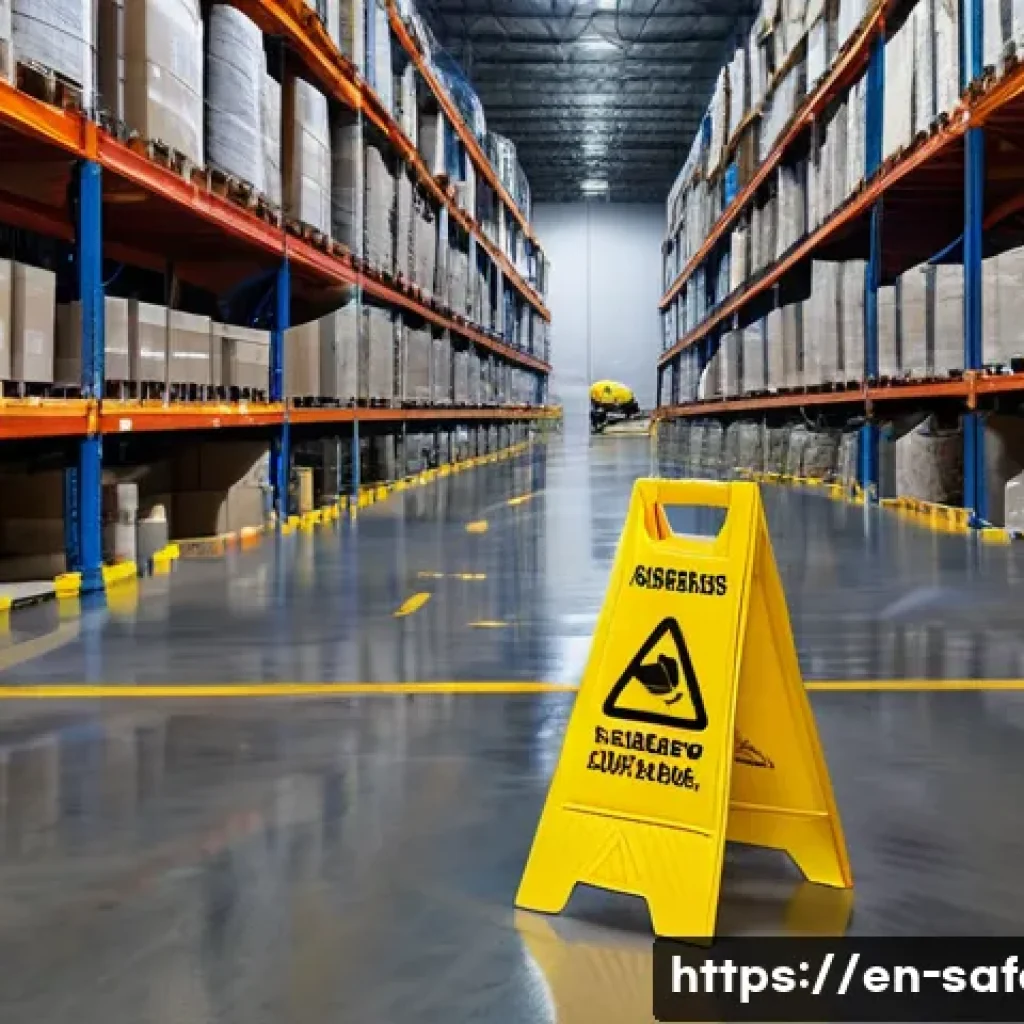 현장 안전교육 프레젠테이션 구성법 - A high-resolution photo of a busy industrial warehouse floor focusing on a clearly visible slip haza...