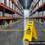 현장 안전교육 프레젠테이션 구성법 - A high-resolution photo of a busy industrial warehouse floor focusing on a clearly visible slip haza...