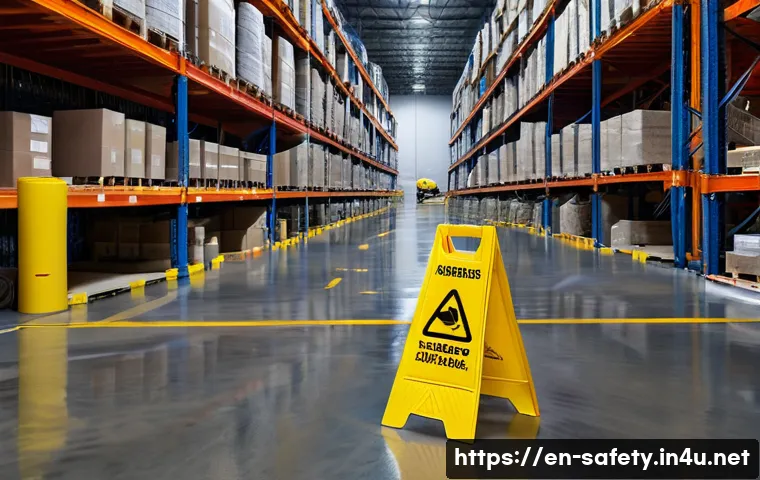 현장 안전교육 프레젠테이션 구성법 - A high-resolution photo of a busy industrial warehouse floor focusing on a clearly visible slip haza...