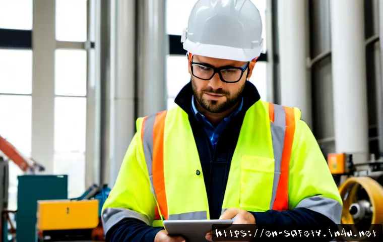 대기업 안전관리자의 연봉과 복지 - Photorealistic corporate safety manager in a clean American industrial facility, wearing a hard hat,...
