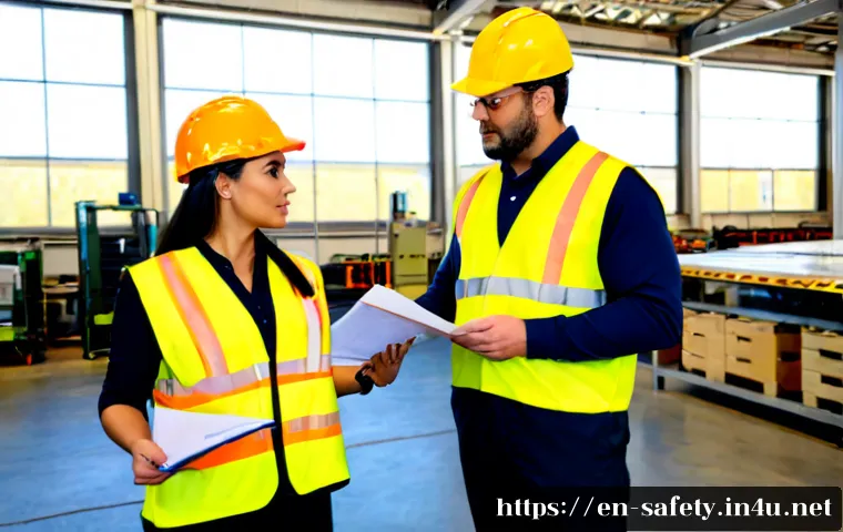 Home 17 산업안전 관련 법규 해설 - Photorealistic workplace safety consultation in a modern American manufacturing facility, experience...